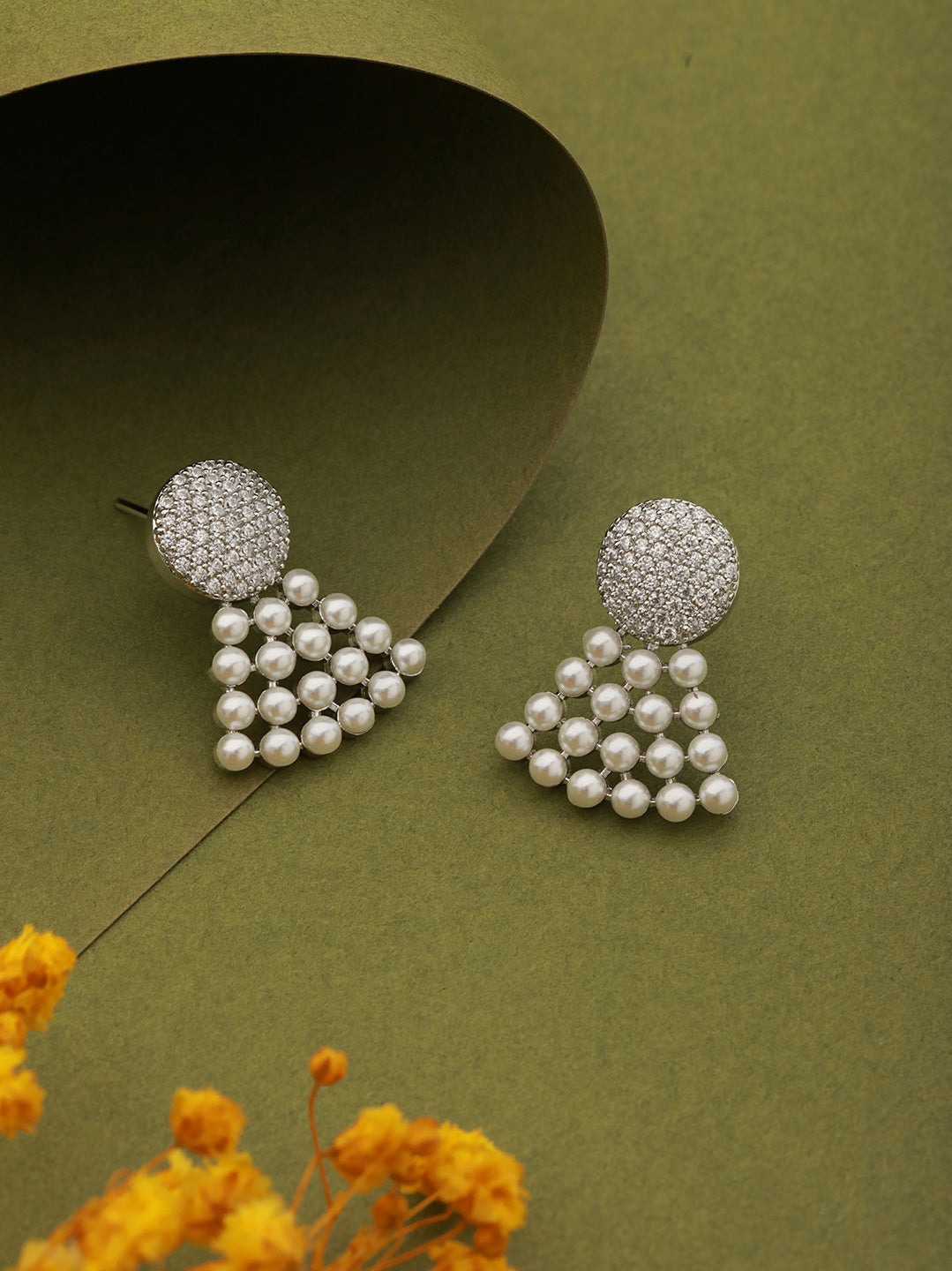 Silver Toned Pearl & AD Studded Designer Studds Earrings